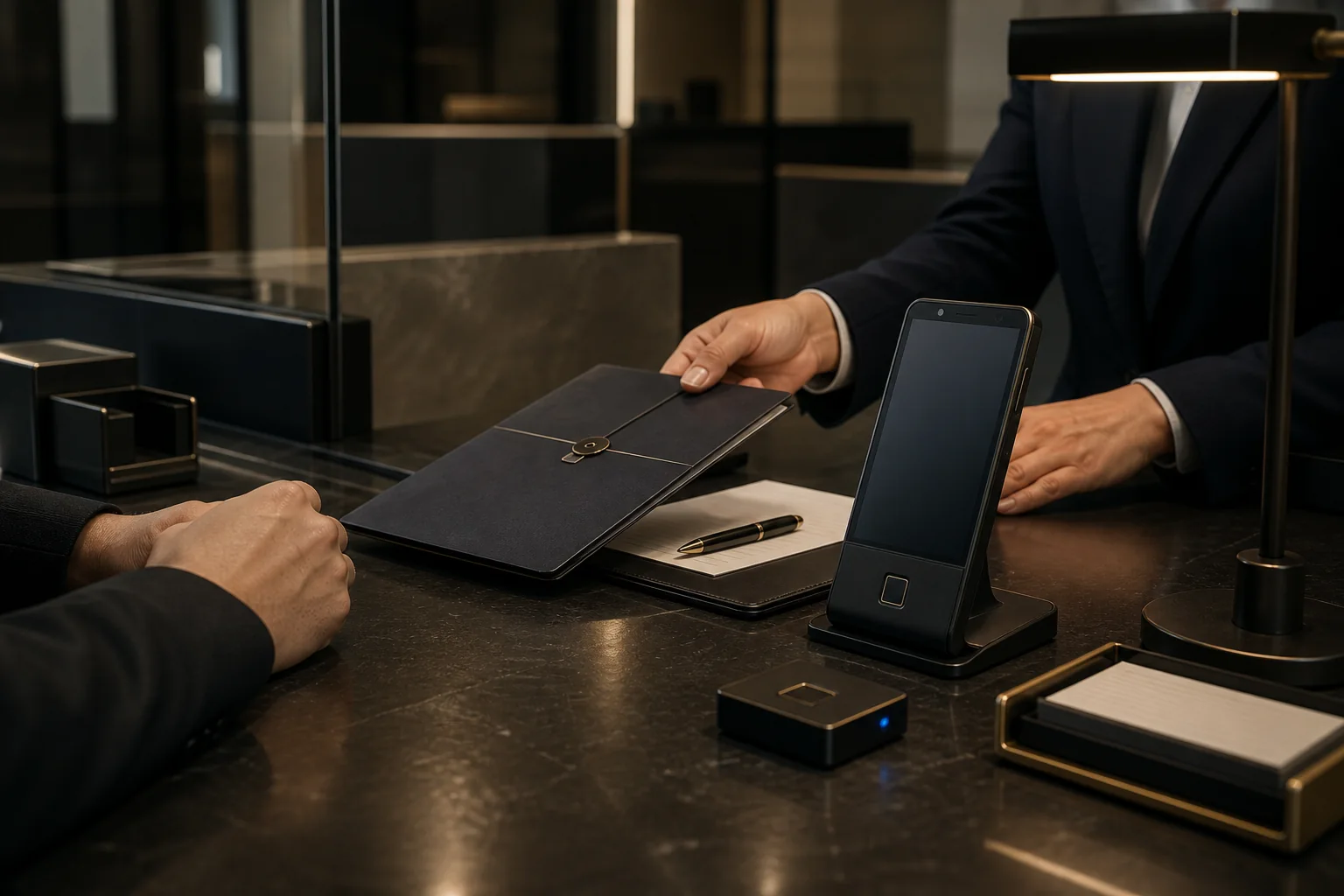 Civic service counter with a trusted terminal and credential folder used for identity verification