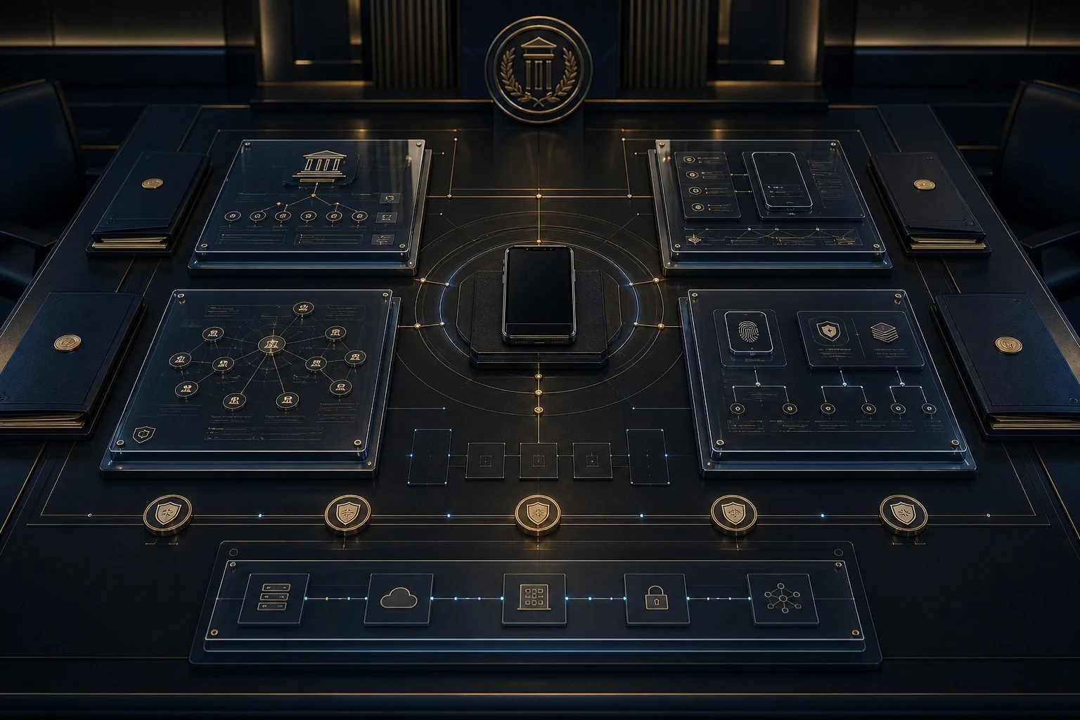 Concept visual of a national deployment review table where a trusted identity terminal sits at the centre, surrounded by legal mandate, device evidence, service acceptance and public protection dossier plates