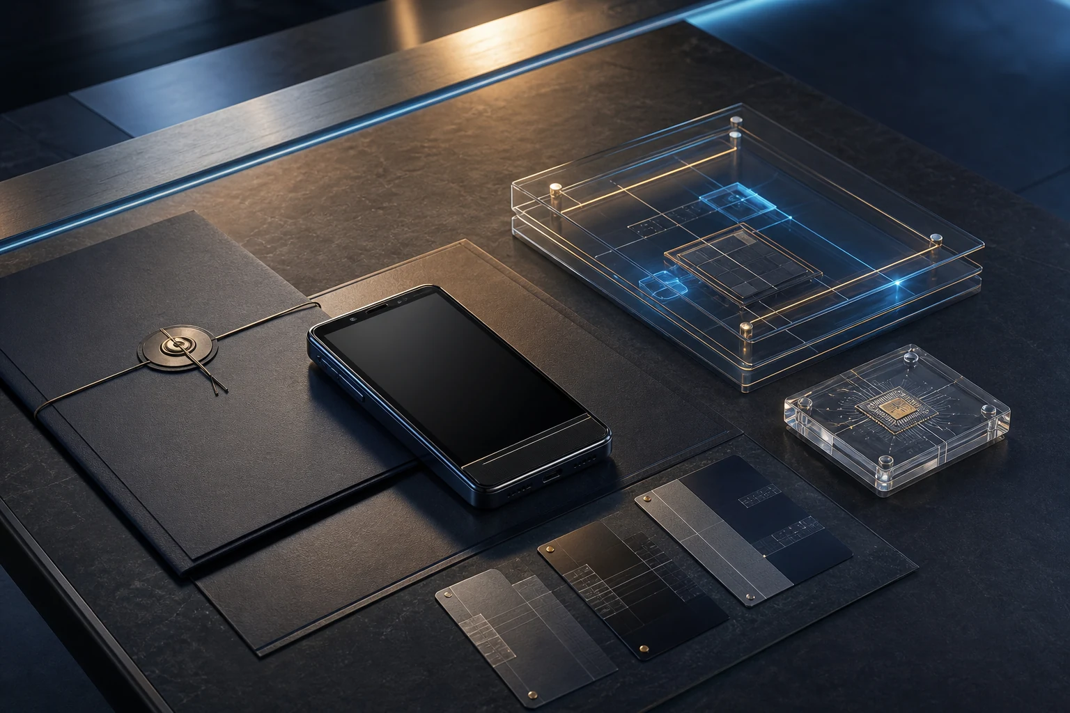 Concept visual showing a trusted identity terminal, sealed credential dossier, secure chip and reviewable evidence layer on an institutional review surface
