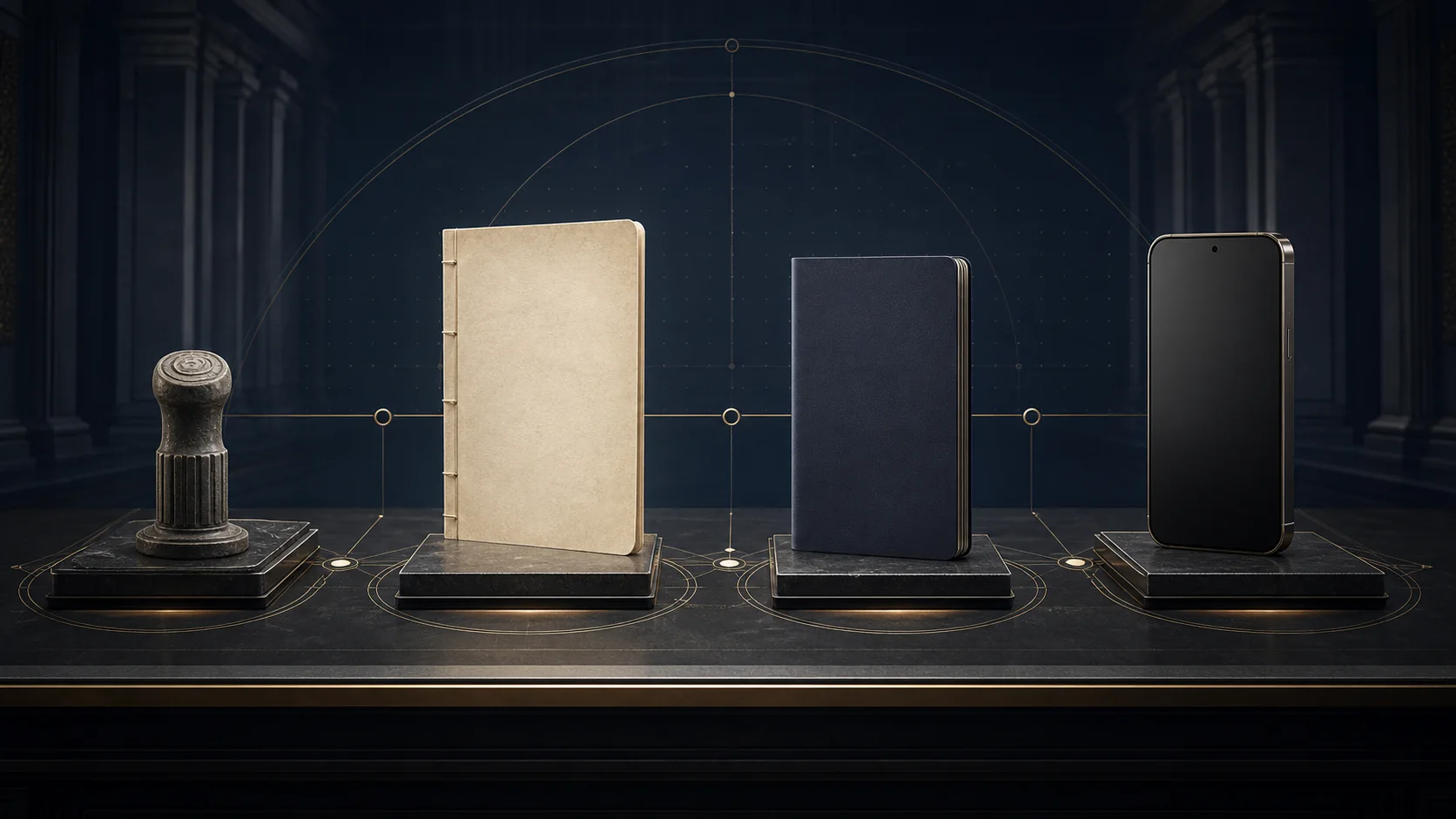 Abstract seal, passage document, passport-like credential and Meridian Phone trusted terminal arranged along one civic identity rail