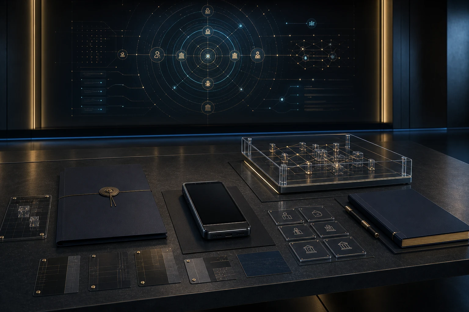 Concept visual of a pilot-jurisdiction governance review room with a trusted terminal, procurement dossier, service-network model and implementation evidence