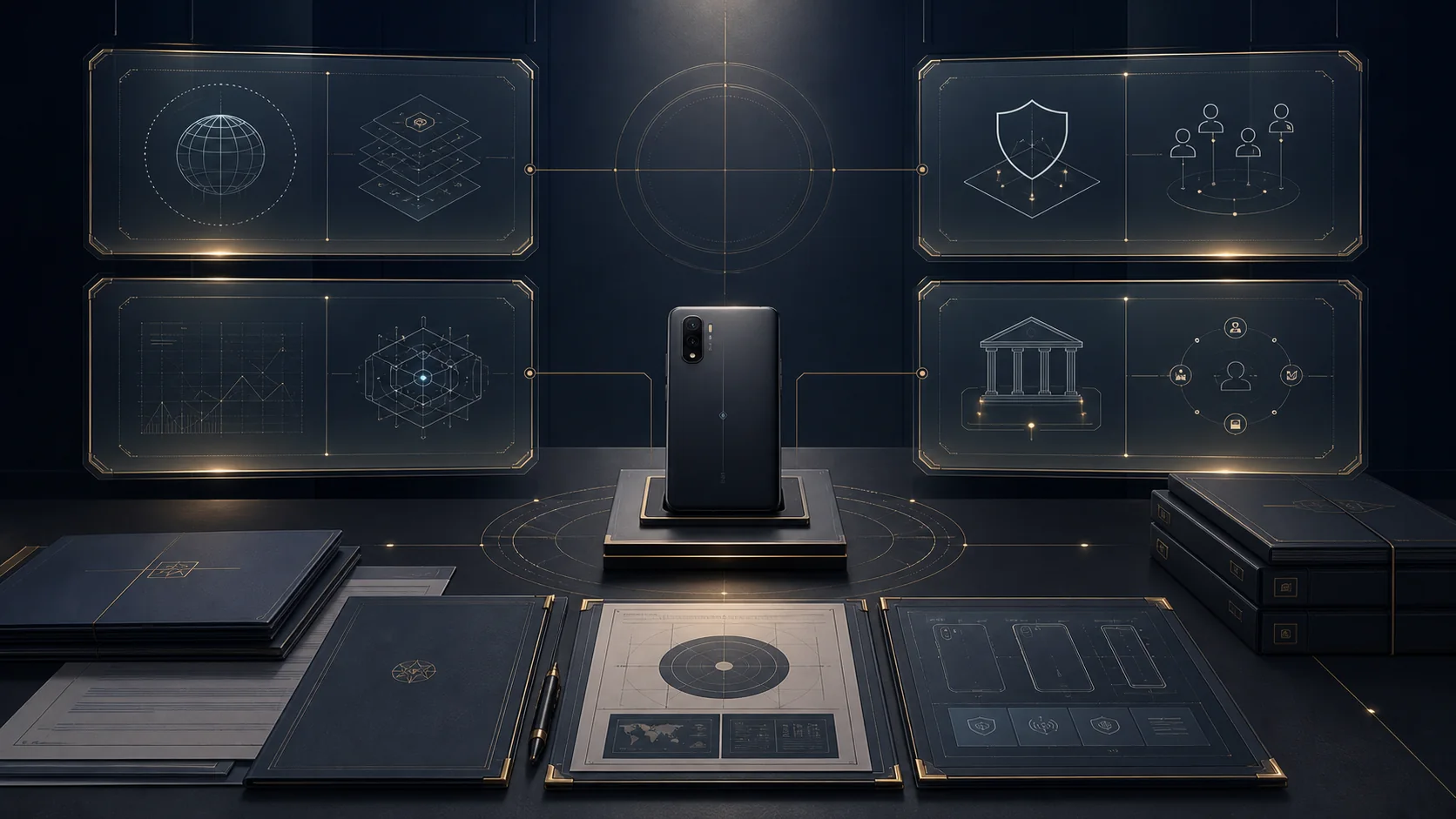 Meridian Phone trusted terminal at the centre of a public review desk, with four review surfaces for product boundary, technical basis, pilot conditions and public authority