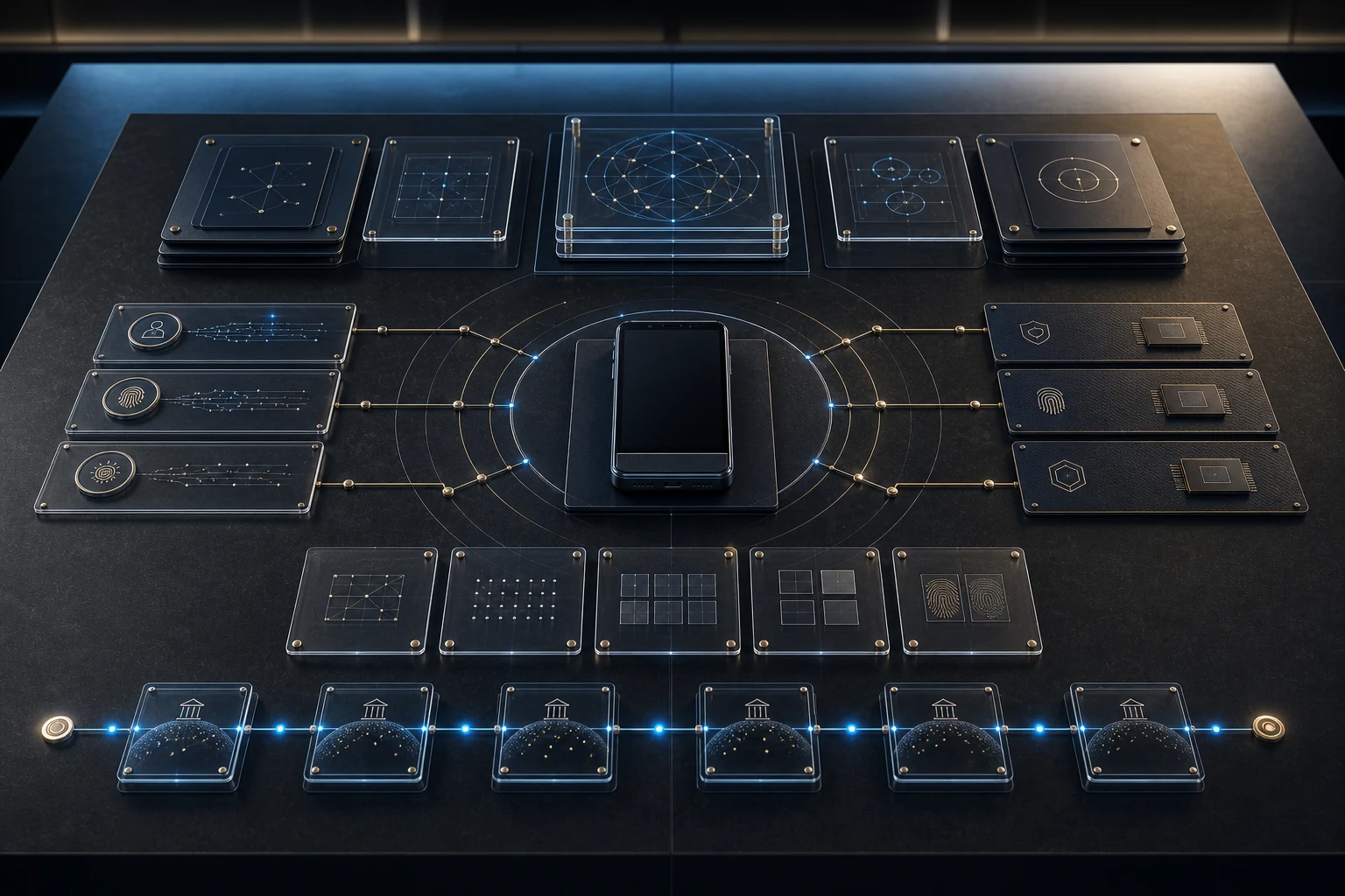 Concept visual showing a trusted identity terminal inside an international standards interoperability architecture with credential, authentication, assurance and jurisdiction rails