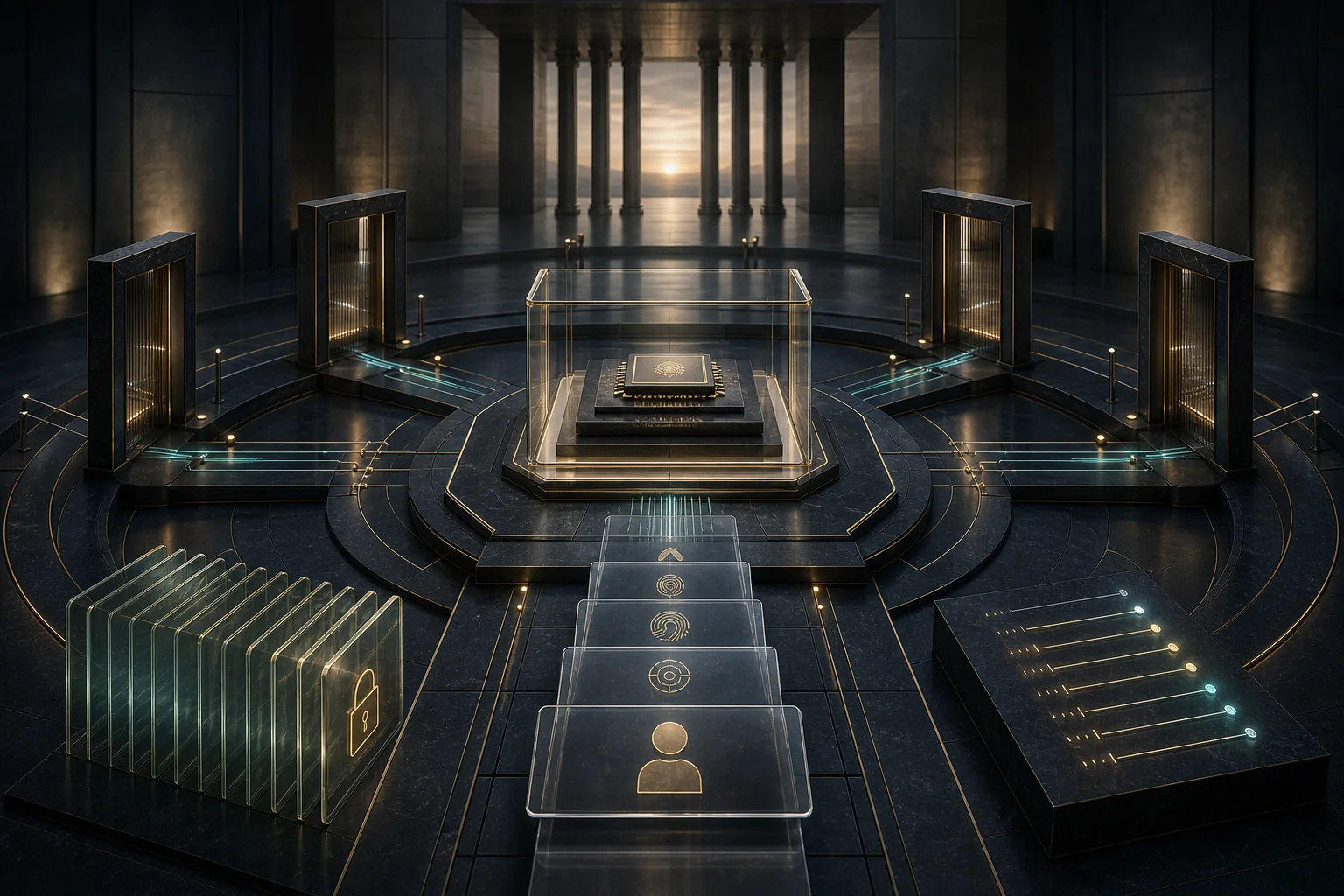 Conceptual infrastructure image showing identity lifecycle, credential layers, secure chip and evidence ledger